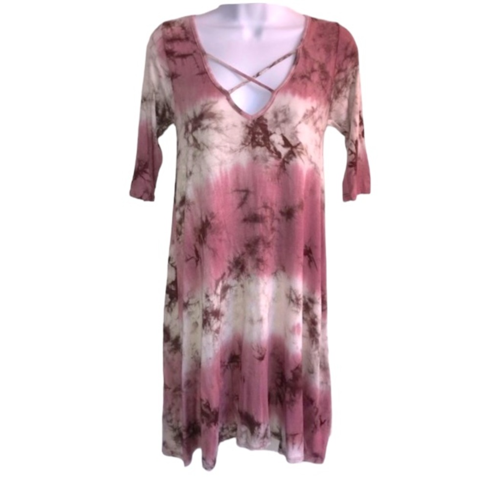 🔴 4/$15 Boutique Women’s S plum tie dye 1/2 sleeve cage front swing dress NWT